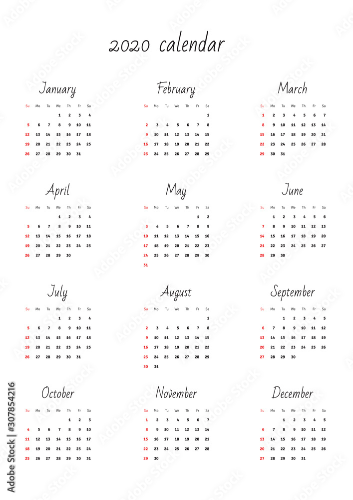 Wall calendar 2020 template. A4. Vector illustration 8 EPS. Wall calendar 2020 template. A4. Vector illustration 8 EPS.