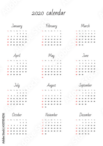 Wall calendar 2020 template. A4. Vector illustration 8 EPS.