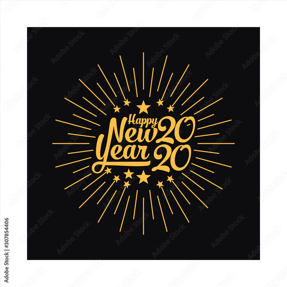 Fototapeta premium Happy 2020 New Year. Holiday Vector Illustration With Lettering Composition And Burst. Vintage festive label