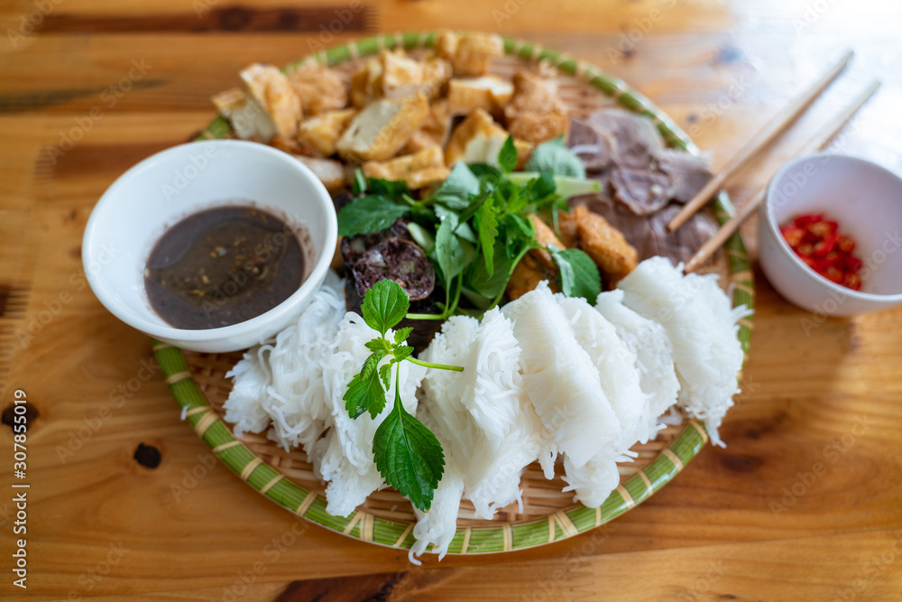 Vietnamese traditional plate pork vermicelli tofu (Bun Dau Mam Tom), the popular lunch set in Hanoi, Vietnam Vietnamese traditional plate pork vermicelli tofu (Bun Dau Mam Tom), the popular lunch set in Hanoi, Vietnam