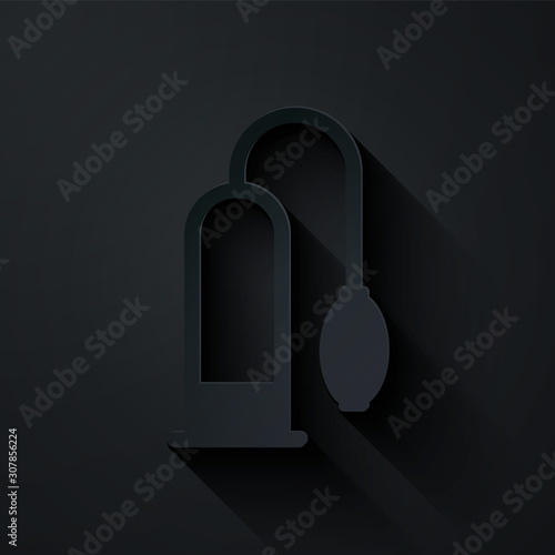 Paper cut Penis pump icon isolated on black background. Penis enlarger. Sex toy for men. Vacuum pump with a blower to increase the penis. Paper art style. Vector Illustration