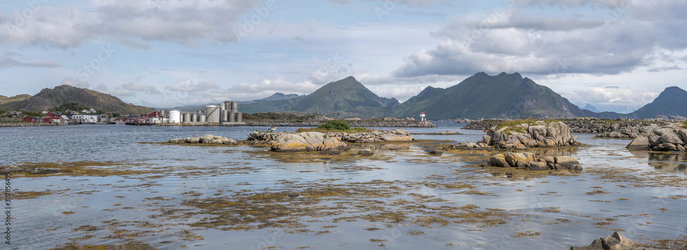 harbor bay and scattered cliffs, Ballstad, Lofoten, Norway