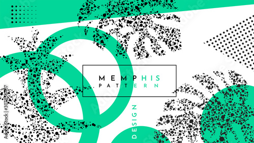 Trend poster. Bright dotted geometric leaves foliage. Green color elements composition. Background in restrained style. Magazine, leaflet, billboard, sale, website template. Monstera. Large plants 