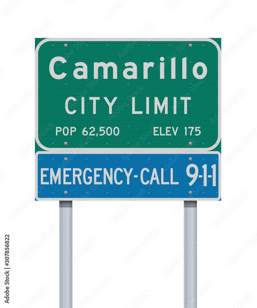 Vector illustration of the Camarillo City Limit green road sign and Emergency Call 9-1-1 blue road sign Vector illustration of the Camarillo City Limit green road sign and Emergency Call 9-1-1 blue road sign