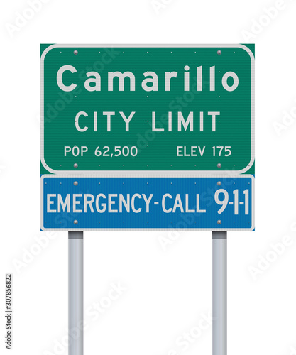 Vector illustration of the Camarillo City Limit green road sign and Emergency Call 9-1-1 blue road sign photo