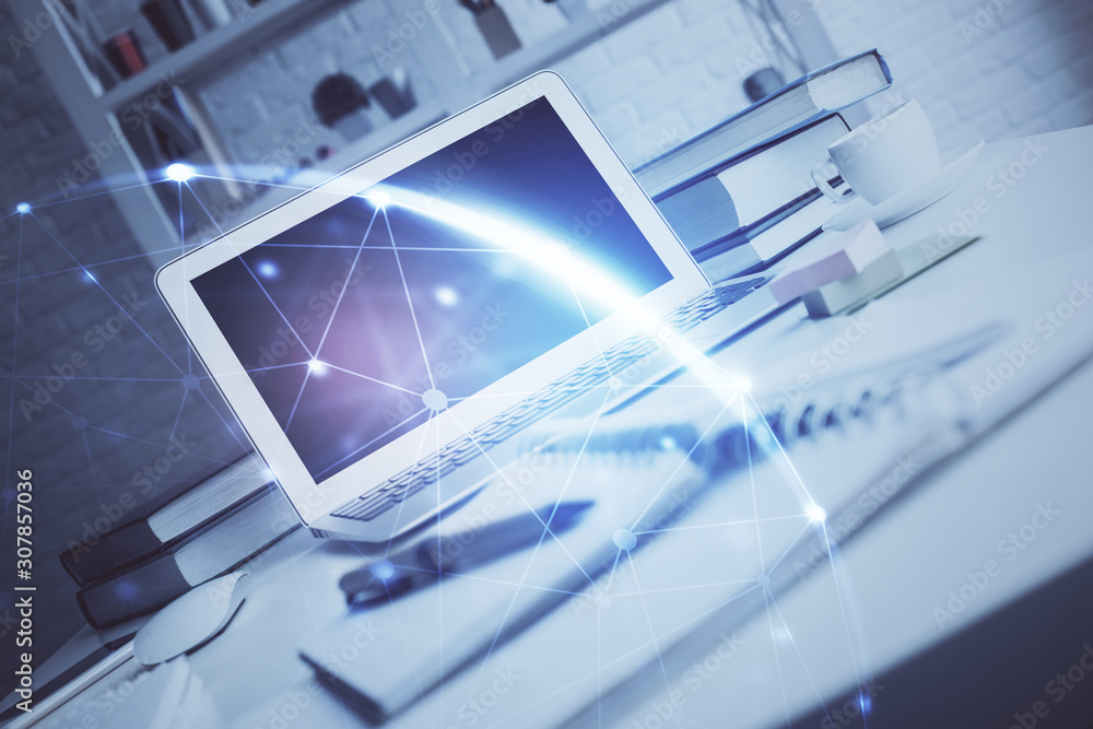 Fototapeta premium Computer on desktop with social network theme icon. Multi exposure. Concept of international connections.