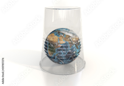 Fototapeta Naklejka Na Ścianę i Meble -  Planets Earth is covered with a plastic cup. Environmental pollution by toxic waste. The planet is suffocating and doomed to death due to garbage. Conceptual creative illustration. 3D rendering.