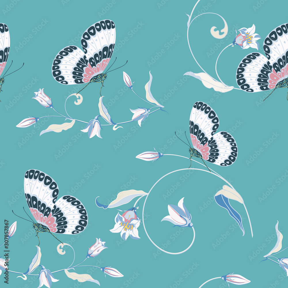 Trendy floral background with beautiful field flower bluebell and butterfly in pastel color. Trendy floral background with beautiful field flower bluebell and butterfly in pastel color.