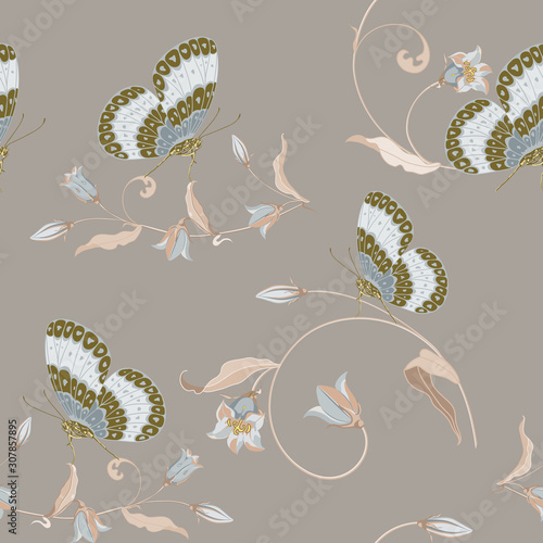 Trendy floral background with beautiful field flower bluebell and butterfly in pastel color.