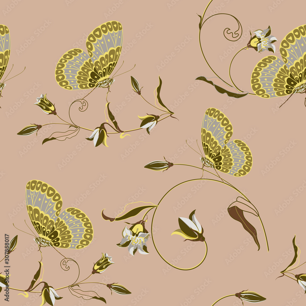 Obraz premium Trendy floral background with beautiful field flower bluebell and butterfly in pastel color.