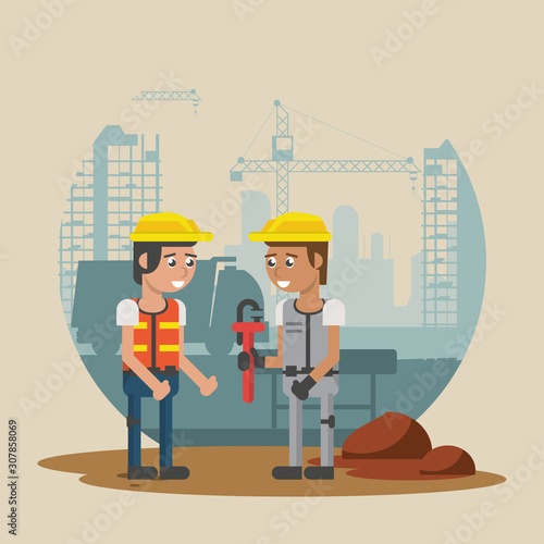 men builders working under construction scene