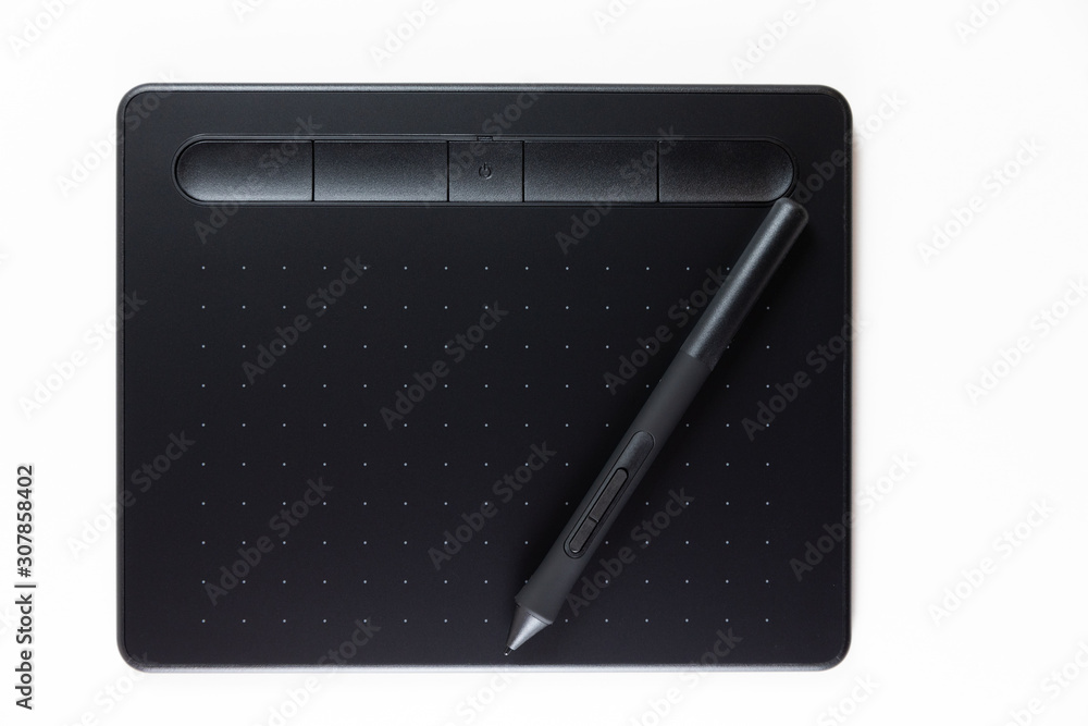 Graphic tablet with pen on white background, isolated, top view Graphic tablet with pen on white background, isolated, top view