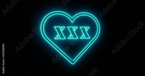Neon xxx sign as illuminated advertising for striptease club or massage. Erotic sexy message and fluorescent signage for love - 4k