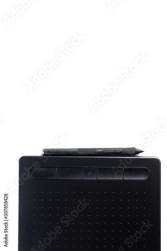 Graphic tablet with pen on white background, isolated, top view