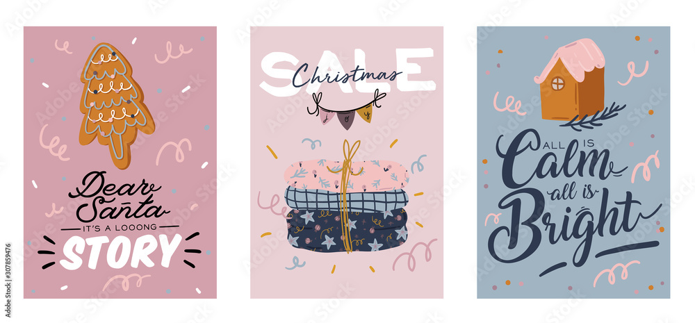Merry Christmas or Happy New 2020 Year illustration with holiday lettering and traditional winter element. Cute prints in scandinavian style. Good for label, banner, tags or stickers . Vector isolated