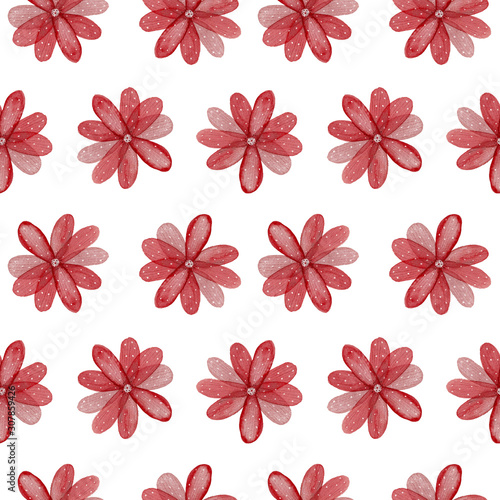 Watercolor seamless pattern with red flower. Raster illustration isolated on white background.