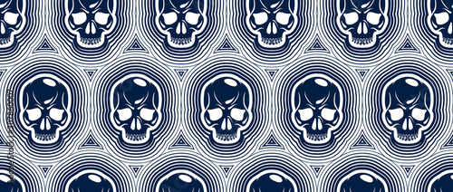 Seamless skulls background, vector pattern with crazy sculls, horror and death theme, Hard Rock and Rock N Roll subculture prints textile, hazard and danger.