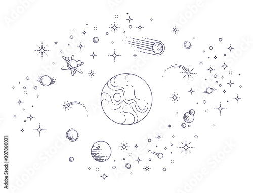 Fantastic undiscovered galaxy with unknown planets, science fiction, with stars, comets, asteroids and other elements. Explore universe, breathtaking space science. Thin line 3d vector illustration.
