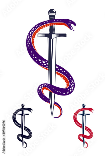 Snake and Dagger, Serpent wraps around a sword vector vintage tattoo, Roman god Mercury, luck and trickery, allegorical logo or emblem of ancient symbol.
