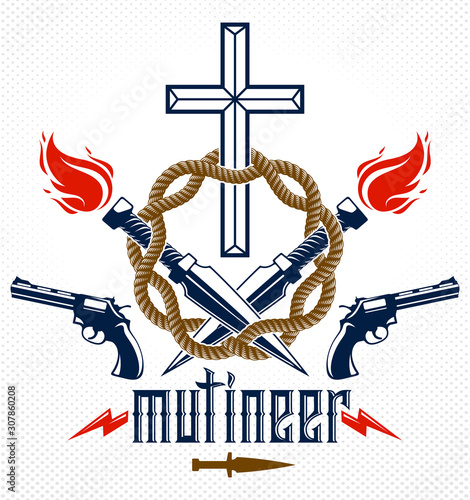 Criminal gangster dramatic emblem or logo with Christian Cross symbolizing death, weapons and different design elements, vector vintage style tattoo, rebel rioter partisan and revolutionary.