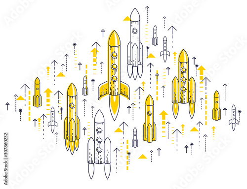 Startup rockets take off, space rockets flying start up business concept, vector illustration.