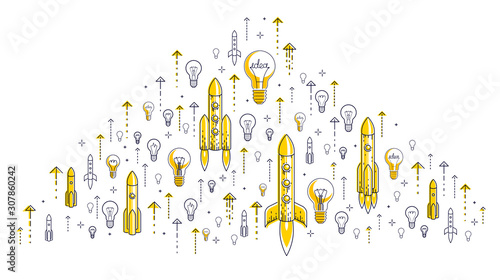 Startup rockets take off, space rockets flying start up business concept, vector illustration.