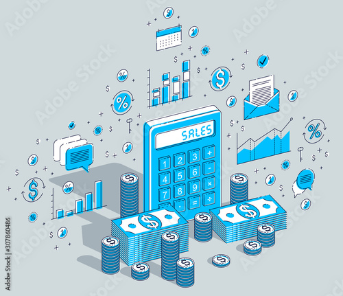 Calculator with cash money stacks and coins piles isolated on white background, sales concept. Isometric 3d vector finance illustration with icons, stats charts and design elements.