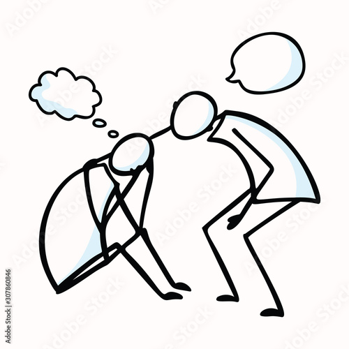 Upset Stick Figure with Person Comforting, Hand on Shoulder, Speech Bubble. Hand Drawn Isolated Flat Illustration. Compassion Stickman Doodle Clipart. Healthcare, Sketch note Motif. Vector EPS 10