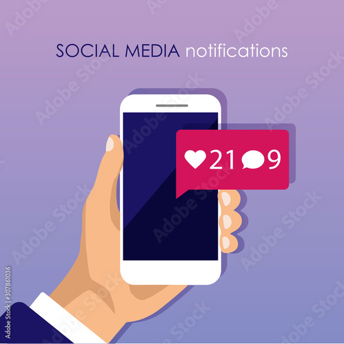 Hand holds smartphone with new social media notifications on a screen. 3D Chat message, like, heart, comment, follower symbol. Vector illustration isolated on color background.