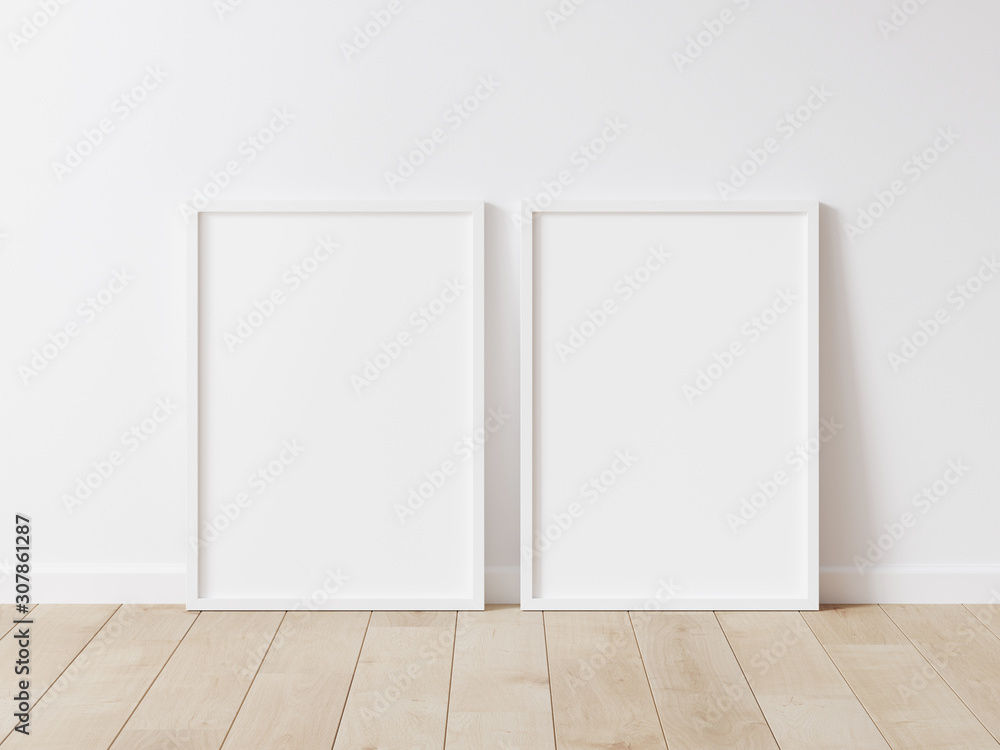 Two vertical wood frame mock up. Two mock up poster on wooden floor 3D illustrations. Two vertical wood frame mock up. Two mock up poster on wooden floor 3D illustrations.