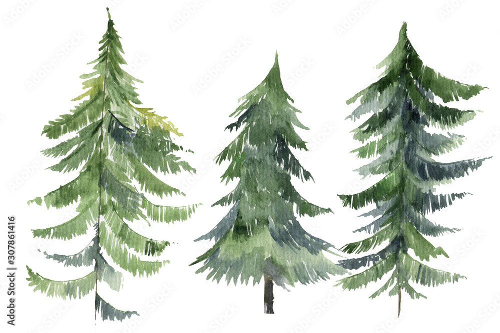 Set of Christmas tree watercolor icon. Collection of New Years xmas trees with heralds, striped christmas pine.
