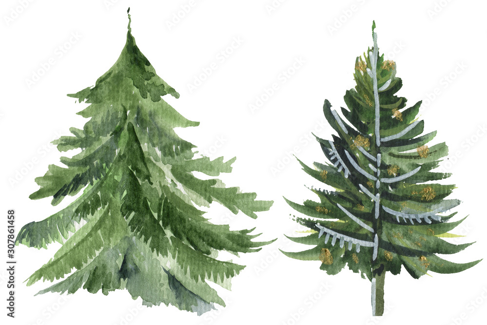 Set of Christmas tree watercolor icon. Collection of New Years xmas trees with heralds, striped christmas pine. 2020 winter holidays party green fir.