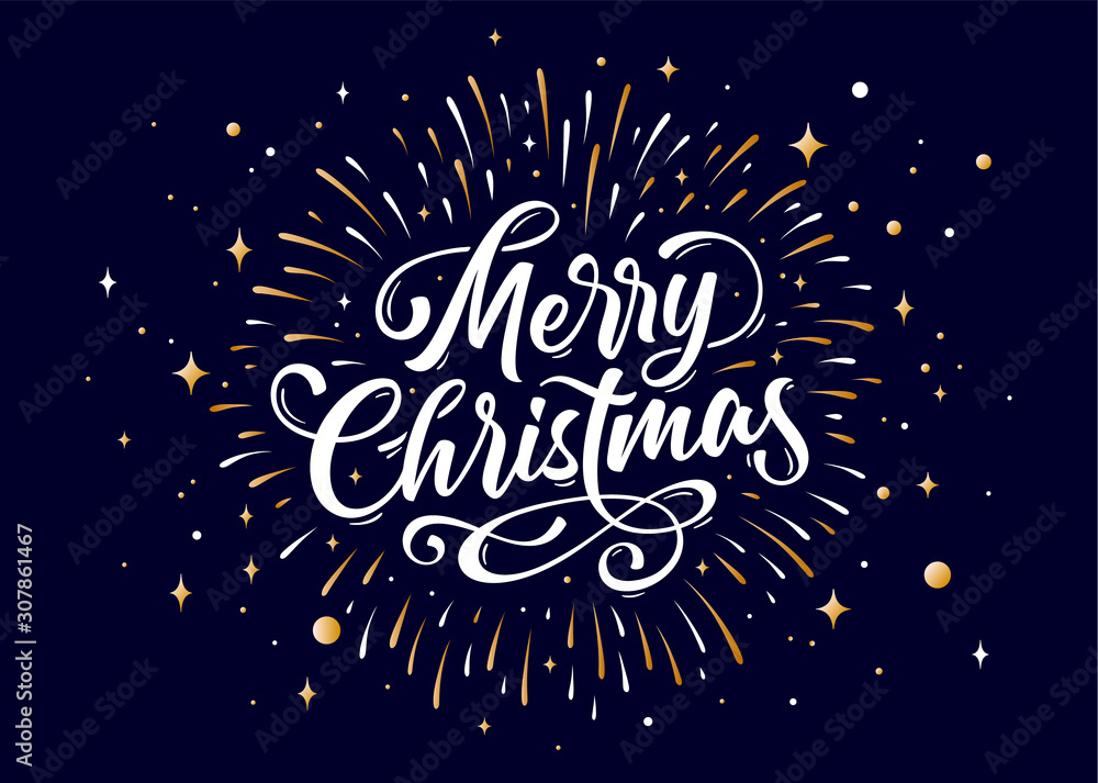 Plakat Merry Christmas. Lettering text for Merry Christmas. Greeting card, poster, banner with script text merry christmas. Holiday background with graphic, golden hand drawn design. Vector Illustration