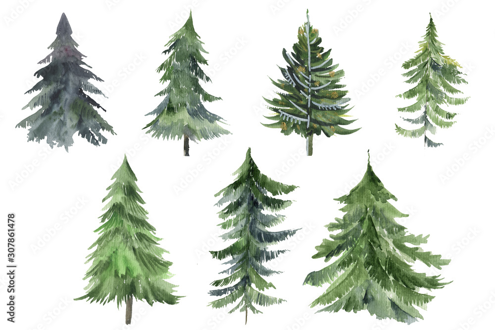 Set of Christmas tree watercolor icon. Collection of New Years xmas trees with heralds, striped christmas pine. 2020 winter holidays party green fir.