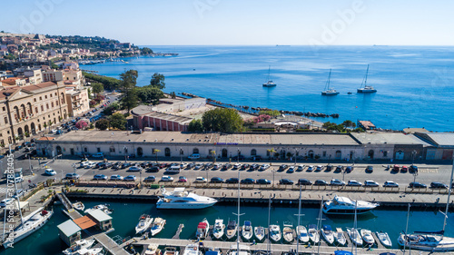 Top view of luxury yachts in the harbor, aerial shoot with drone