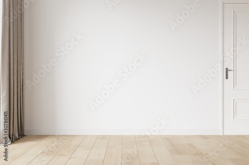 White empty room mockup with brown curtain, white door and wood floor. 3D illustration.