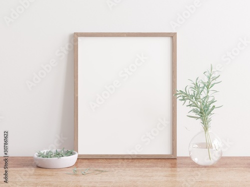 Vertical wooden frame mock up with plant in glass vase. 3D illustrations.