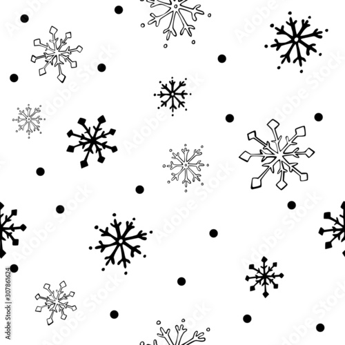 Seamless vector pattern with black and white snoflakes and black dots on white blackground. Doodle hand drawn style. Christmas winter mood. Stock vector illustration for web,  print and textile    photo