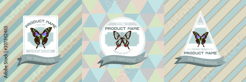 Three colored labels with illustration of graphium weiskei, chorinea octauius