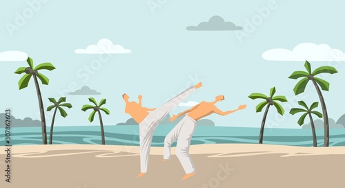 Two men practicing capoeira or karate on the beach with coconut trees. Flat vector illustration.
