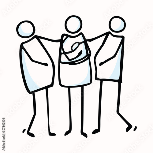 Pregnant Mothers and holding New Baby Sling Mom. Stick Figure Vector Illustration. Hand Drawn Isolated 3 Women Icon Motif Element in Flat Color. Motherhood , Friend Shower Concept. Pictogram EPS10.