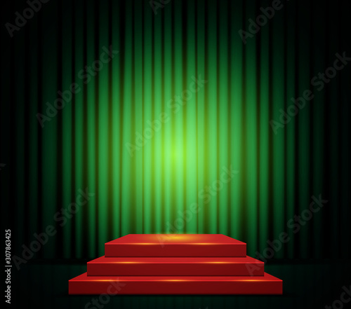Empty scene with stage podium and red green curtain