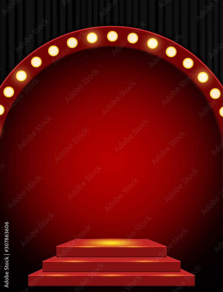 Empty scene with red stage podium and black curtain. Design for ...