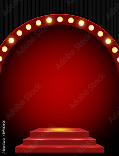 Empty scene with red stage podium and black curtain. Design for presentation, concert, show