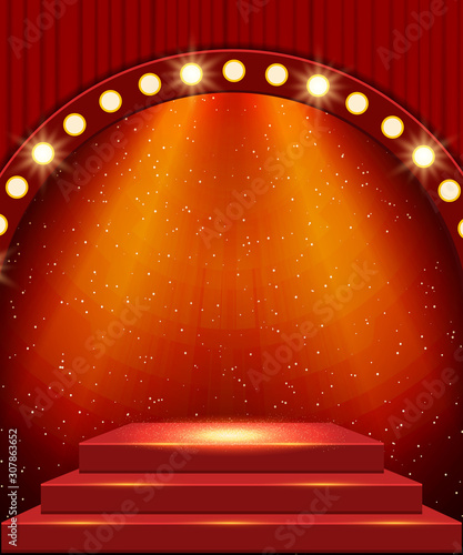 Empty scene with stage podium and red curtain. Design for presentation, concert, show