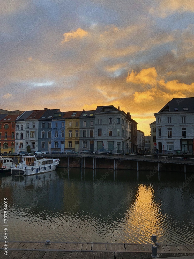 houses in Ghent at sunset