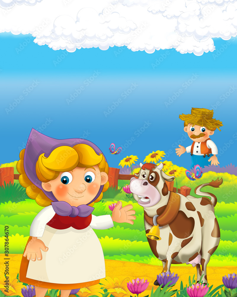 cartoon scene with happy farmer man and woman on the farm ranch illustration for the children cartoon scene with happy farmer man and woman on the farm ranch illustration for the children
