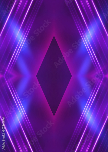 Dark abstract background with neon lines, glow. Bright neon glow