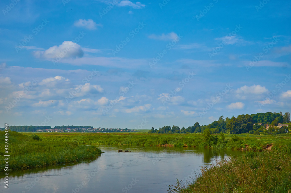 Peaceful rural summer european landscape with green trees and water