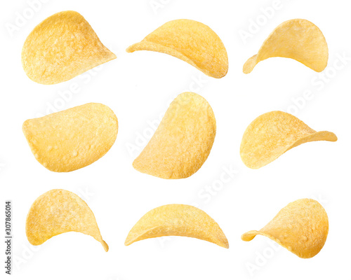 A set of potato chips isolated on white background.